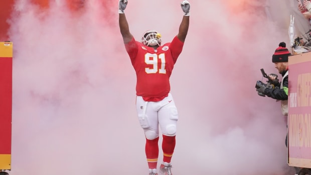 Dec 25, 2023; Kansas City, Missouri, USA; Kansas City Chiefs defensive tackle Derrick Nnadi (91) is introduced against the Las Vegas Raiders prior to a game at GEHA Field at Arrowhead Stadium. Mandatory Credit: Denny Medley-USA TODAY Sports  